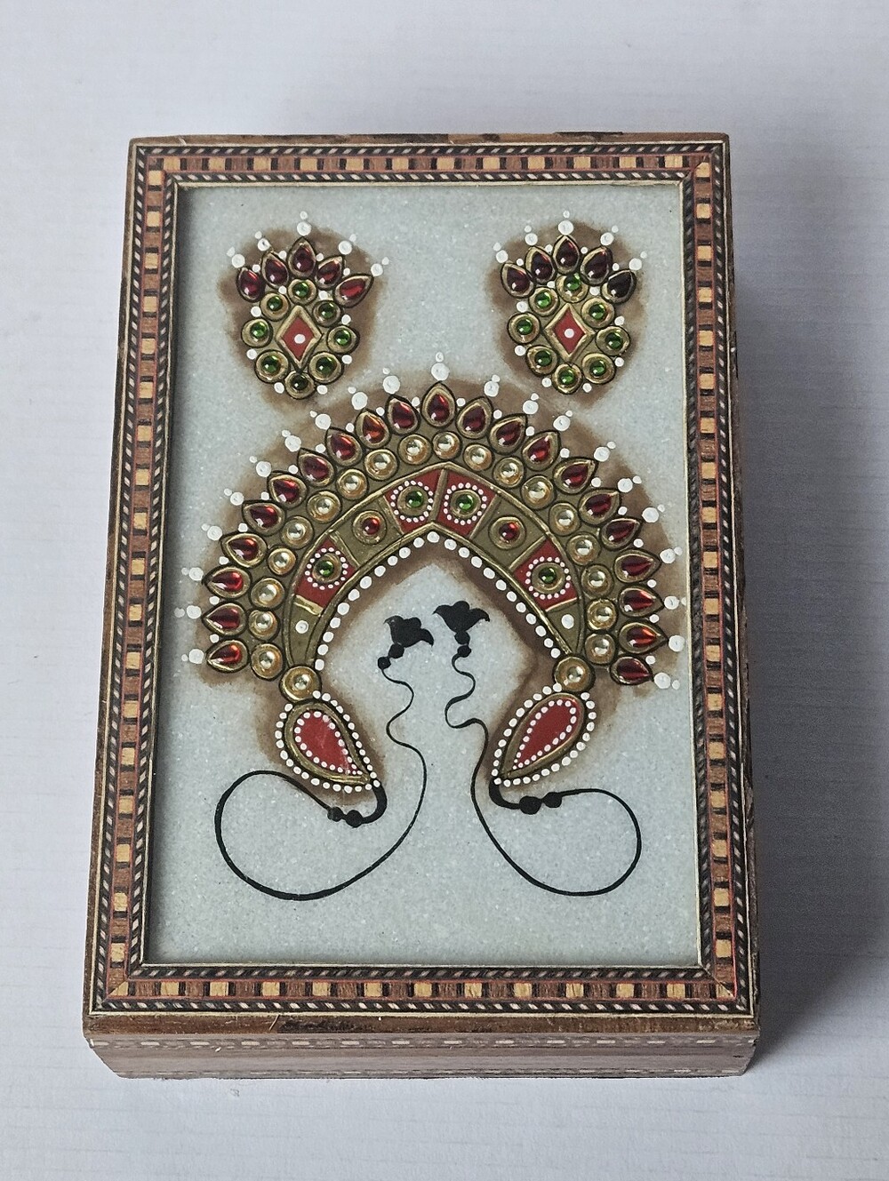 Vintage Wooden Jewelry Box Inlaid Mosaic Trim Hand Painted Royal Motif Trinket B